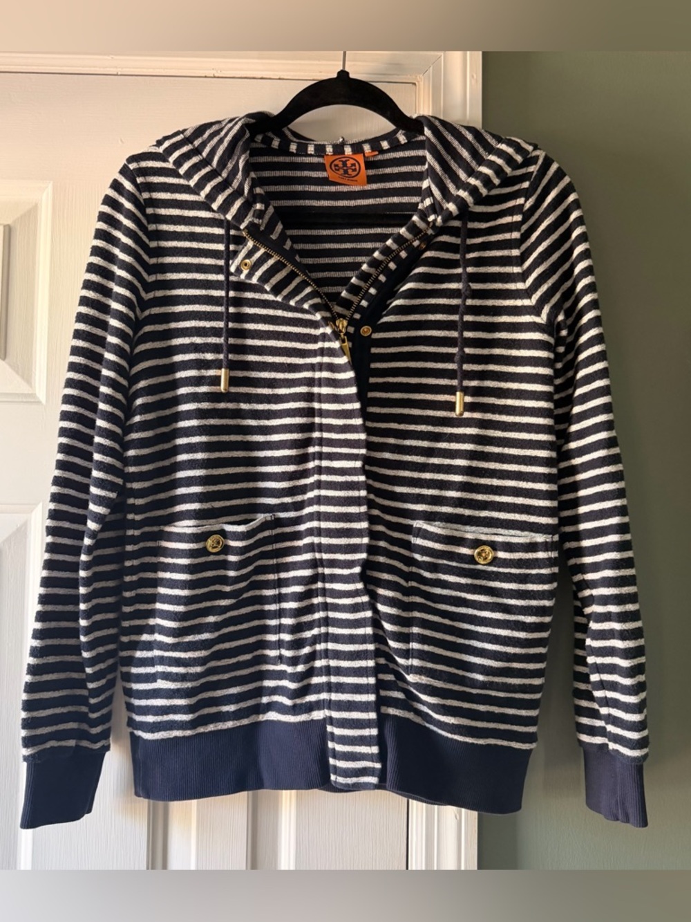 Tory Burch Striped Full Zip Hoodie Navy White 100% Cotton Sz S